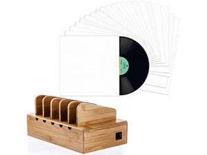 TunePhonik 12" LP Vinyl Record Jackets - White Coated w/No Center Hole | 25-Pack | Made in USA and Prosumer's Choice Natural Bamboo Charging Station Rack for Smartphones and Tablets