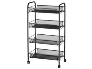 4 Tier Metal Storage Shelves with Wheels, Roller Cart Wire Storage Baskets, Office Rolling Cart Organizer, Black