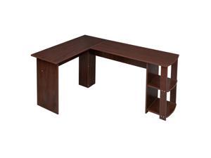 L-Shaped Wood Right-angle Computer Desk with Two-layer Bookshelves(Brown)