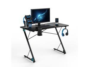 Gaming Desk, Z-Shaped Professional E-Sport Gamer Workstation with LED Lights & Large Carbon Fiber Surface, Ergonomic PC Gaming Table for Home Office