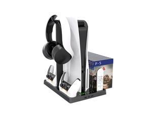 Vertical Stand with Headset Holder and Cooling Fan Base for PS5 Console & Playstation 5 Accessories, 1 Headphone Stand, 2 Controller Chargers, 15 Game Disc Slots and 1 Media Remote Organizer