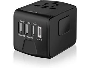 Universal International Travel Power Adapter W/ High Speed 2.4A USB, 3.0A Type-C Wall Charger, European Adapter, Worldwide AC Outlet Plugs Adapters for Europe, UK, US, AU, Asia-Black