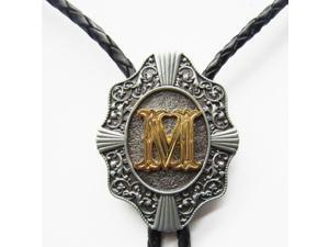 Mens Womens Metal Western Initial Letter M shape Black Leather Rope Necklace Polo Tie Mens Womens Metal Western Initial Letter M shape Black Leather Rope Necklace Polo Tie