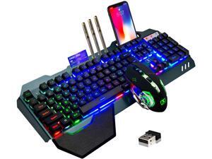 Wireless Gaming Keyboard and Mouse,Rainbow Backlit Rechargeable Keyboard Mouse with 3800mAh Battery Metal Panel,Removable Hand Rest Mechanical Feel Keyboard and 7 Color Gaming Mute Mouse for PC Gamers