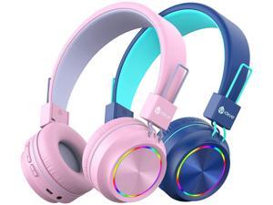 [2 Pack] iClever BTH03 Kids Wireless Headphones - Colorful Lights Headphones for Kids with MIC, Volume Control Online Schooling - Children Headsets on Ear for School iPad Tablet Airplane, Blue/Pink