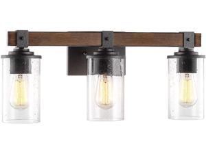 Kira Home Brentwood 22.5" 3-Light Farmhouse Vanity/Bathroom Light + Seeded Glass Shades, Black + Wood Style Walnut Finish Kira Home Brentwood 22.5" 3-Light Farmhouse Vanity/Bathroom Light + Seeded Glass Shades, Black + Wood Style Walnut Finish
