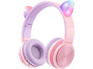 Picun Bluetooth Kids Headphones, Cat Ear Wireless 85dB Volume Limiting Kitty Girl Over-Ear Headphones with Microphone, Flashing LED, Foldable, Backup Wired Mode - Purple Pink
