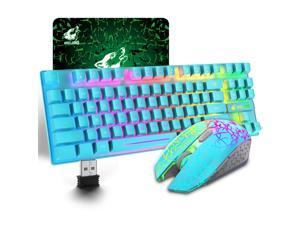 Wireless Gaming Keyboard and Mouse Combo with 87 Key Rainbow LED Backlight Rechargeable 3800mAh Battery Mechanical Feel Anti-ghosting Ergonomic Waterproof RGB Mute Mice for Computer PC Gamer Blue