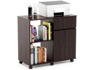 Wooden File Cabinet with Wheels, Mobile Lateral Filing Cabinet Modern Printer Stand with 2 Drawers and Open Shelves Under Desk Cabinet Functional Storage Cabinet for Home Office Wooden File Cabinet with Wheels, Mobile Lateral Filing Cabinet Modern Printer Stand with 2 Drawers and Open Shelves Under Desk Cabinet Functional Storage Cabinet for Home Office