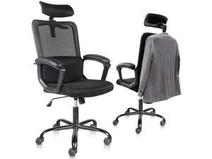 Home Office Chair Fitted with Lumbar Support, Height-adjustable High Back Mesh Chair, Ergonomic Desk Chair with Padding Armrests and Adjustable Headrest, Black