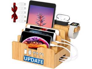 Bamboo Charging Station for?Multiple?Devices with Integrated Watch & Earbuds Stand, Desktop Charging Docking Station Organizer for Cell Phone, Tablet, 5 Charging Cables Included(No Power Supply)