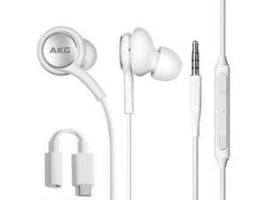 OEM ElloGear Earbuds Wired Headphones for Samsung Galaxy S10 S10e S20 Note 10 Plus Cable  Designed by AKG  with Microphone Volume Buttons Includes Google Type C Adapter for TypeC Devices White