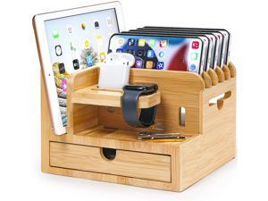 Natural Bamboo Charging Station Rack Organizer Holder with 5 Slots Drawer for Chargers Phones Watches Electronics