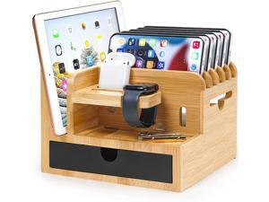 Natural Bamboo Charging Station Rack Organizer Holder with 5 Slots Drawer for Chargers Phones Watches Electronics