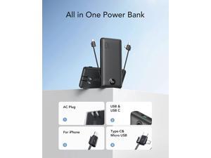Power Bank with Built in Cables 10000mAh VEEKTOMX PD 30  QC 30 225W USB C Fast Charging Portable Charger Built in AC Wall Plug Ultra Slim Battery Pack Compatible with iPhone Samsung