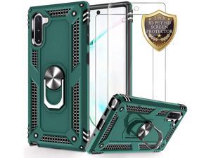 Compatible for Samsung Note 10 Case, Military Grade Galaxy Note 10 Phone Case with 3D PET Screen Protector [2 Pack], Rotating Ring Kickstand Phone Case for Samsung Note 10 Midnight Green