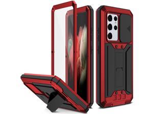 Samsung Galaxy S21 Ultra Case,Camera Cover & Kickstand & Slide Lens Protection with Built-in Screen Protector Full Body Shockproof Rugged Cover for Samsung Galaxy S21 Ultra 6.8inch (Red)