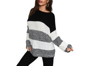 Gemdeck Womens Lightweight Pullover Casual Drop Shoulder Color Block Striped Knitted Textured Loose Jumper Sweater