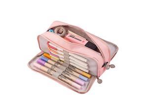 Gemdeck Large Pencil Case Big Capacity 3 Compartments Canvas Pencil Pouch For Students pink