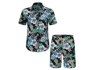 Gemdeck Mens Hawaiian Shirts Casual Button Down Short Sleeve Shirts Set Printed Shorts M Green