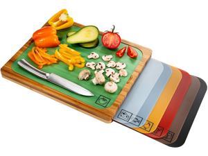 Easy-to-Clean Bamboo Cutting Board and 7 Color-Coded Flexible Cutting Mats with Food Icons