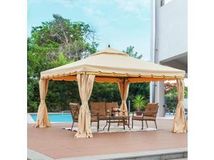 Erommy  12’ x 12’ Outdoor Canopy Gazebo Double Roof Patio Gazebo Steel Frame with Netting and Shade Curtains for Garden,Patio,Party Canopy-Beige