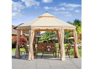 Erommy 12FT Outdoor Canopy Gazebo Hexagonal Double Roof Patio Gazebo Steel Frame Pavilion with Netting and Shade Curtains for Garden,Patio,Party Canopy-Beige
