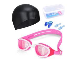 Swimming Goggles Set No leaking Anti Fog UV Protection Swimming Goggles with Nose Cover, Ear Plugs and Swim Cap for for Adults, Men, Women, Youth, Child and Kids C