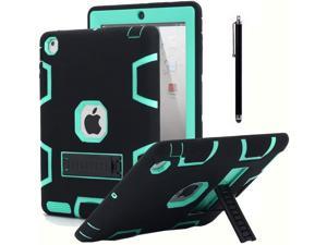 iPad 2 Case,iPad 3 Case,iPad 4 Case, ? Kickstand Shockproof Heavy Duty Rubber High Impact Resistant Rugged Hybrid Three Layer Armor Protective Case with Stylus for iPad 2/3/4 (Black+Mint Green)