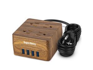 SUPERDANNY USB Power Strip Surge Protector Desktop Extension Cord with 4 Widely Spaced Outlets & 4 Smart USB Ports, Portable Charging Station for Home, Office, Hotel, Dorm, RV, Faux Walnut Grain