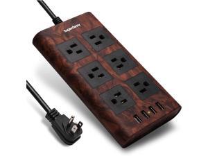 9.8ft 15A Extension Cord Surge Protector Power Strip SUPERDANNY Flat Plug with Fastening Cable Tie 6-Outlet 4 USB Fast Charging , Adjustable Voltage for iPhone iPad Home Office Dark Wood Grain