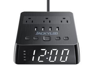 JACKYLED Alarm Clock with 4 USB Chargers Surge 1700J Protector Power Strip 3 Outlets Nightstand Dimmable Digital Clock with Dual Alarm