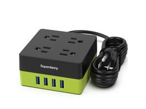 USB Power Strip Surge Protector - SUPERDANNY Mountable Charging Station with 4 Widely Spaced AC Outlets & 4 Smart USB Ports, 5ft Desktop Extension Cord for Home, Office, Hotel, Dorm Room, RV, Green