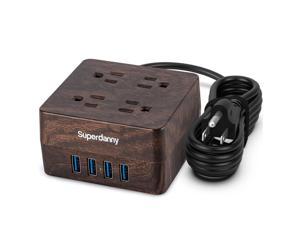 USB Power Strip Surge Protector - SUPERDANNY Desktop Extension Cord with 4 Widely Spaced Outlets & 4 Smart USB Ports, Portable Charging Station for Home, Office, Hotel, Dorm, RV, Deep Walnut Grain