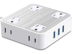 SUPERDANNY Power Strip Surge Protector, 8 Widely Spaced Outlets, 3 USB Ports, Flat Plug, 5 Ft Extension Cord for Home, Office, Dorm, 1050 Joules, Wall Mount, Compact Size, Brushed Finish, White