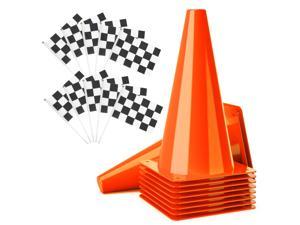 PACEARTH 11 Inch Traffic Cones with Chequered Flags 10 Pack, Orange Cones Thick Soccer Training Cones Sports for Outdoor Activity, Fitness Training, Traffic Safety Practice, Race Car Party Supplies
