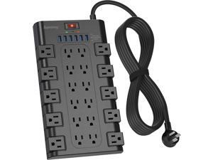 SUPERDANNY 10 Ft Long Extension Cord Power Strip Surge Protector with 6 USB Charging Ports and 22 AC Outlets 2100 Joules Flat Plug Power Outlet Black