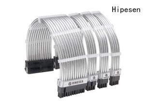 Hipesen PSU Sleeved Cables Kit ATX Extension Cables ATX 24-pin, Metallic Silver, CPU4+4-pin,PCI-E 6+2-pin Power Supply 16AWG 30CM with White Cable Combs