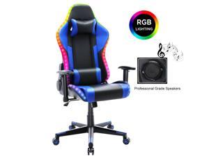 YOUTHUP Gaming Chair with RGB LED Lights, Racing Style Recliner Swivel Video Computer Chair with Bluetooth Speakers, Adjustable Ergonomic High Back, PU Leather with Headrest and Lumbar Support, Blue