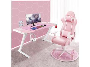 YOUSHUP Pink Gaming Desk with RGB LED Lights Z Frame PC Computer Table with Cup Holder Headphone Hook Carbon Fiber Surface