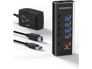 Powered USB Hub Rosonway 5 Port Aluminum USB Hub Extender with 4 USB 3.0 Data Ports and 1 USB Fast Charging Port, USB Hub 3.0 Splitter with 24W(12V/2A) Power Adapter and Individual Switches (Black)