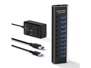 Powered USB Hub, Rosonway 10 Port USB 3.1 Hub 10Gbps with 36W (12V/3A) Power Adapter, Type A and Type C Cables, Aluminum USB C Hub Splitter for PC and Laptop (RSH-A10S)