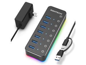 Powered USB Hub, RSHTECH RGB 7 Ports USB 3.0/USB C Hub with 14 Mode RGB LED Strip, Individual Touch Switches, 3.3ft Data Cable and 5V/4A Power Adapter, Aluminum USB Hub for PC and Laptop, RSH-518R