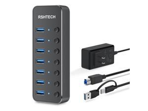 Powered UBS Hub, RSHTECH 7 Port USB 3.0/USB C Hub Upgraded Version Aluminum USB Hub with 2-in-1 USB Cable,5V 3A Power Adapter and Individual Switches, USB Port Expander Hub for Laptop and PC, RSH-ST07