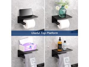 NearMoon Self Adhesive Toilet Paper Holder with Shelf, Heavy Duty Stainless Steel Bath Toilet Roll Holder with Phone Shelf No Drill or Wall Mounted Tissue Hanger for Bathroom/Kitchen (Matte Black)