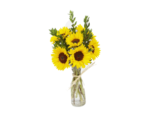 Half Dozen Large Bright Yellow Sunflower blooms with accents of Greenery and a Free VASE! 
Vase  may vary based on availability