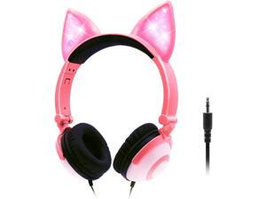 ONTA Kids Headphones with Cute LED Glowing Cat EarsFoldable NoiseCanceling and Adjustable Toddlers Headphones for Boys and Girls Pink