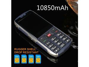 Mobile Phone Military Rugged 4 Sim Card High quality Mobile Phone Shockproof Dustproof 10850mAh Power Bank Cell Phone 3D Stereo Speaker Wireless FM 16:9 HD Screen Outdoor Activities Phone BLACK