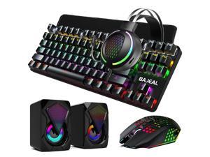 Wired Gaming Combo 87-key Keyboard (Blue Switch)+Programmable 8000 DPI Mouse+7.1 Surround Sound Headset + Mic Mouse Pad RGB Speakers, Black