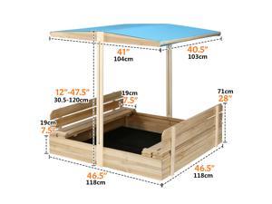 Wooden Outdoor Sandbox with Cover 47.5x47.5 Inch Kids Sandbox with Canopy, Sandbox Toys with 2 Bench Seats, Large Sandbox with Adjustable Height and Rotatable Canopy for Backyard, Home, Garden, Beach